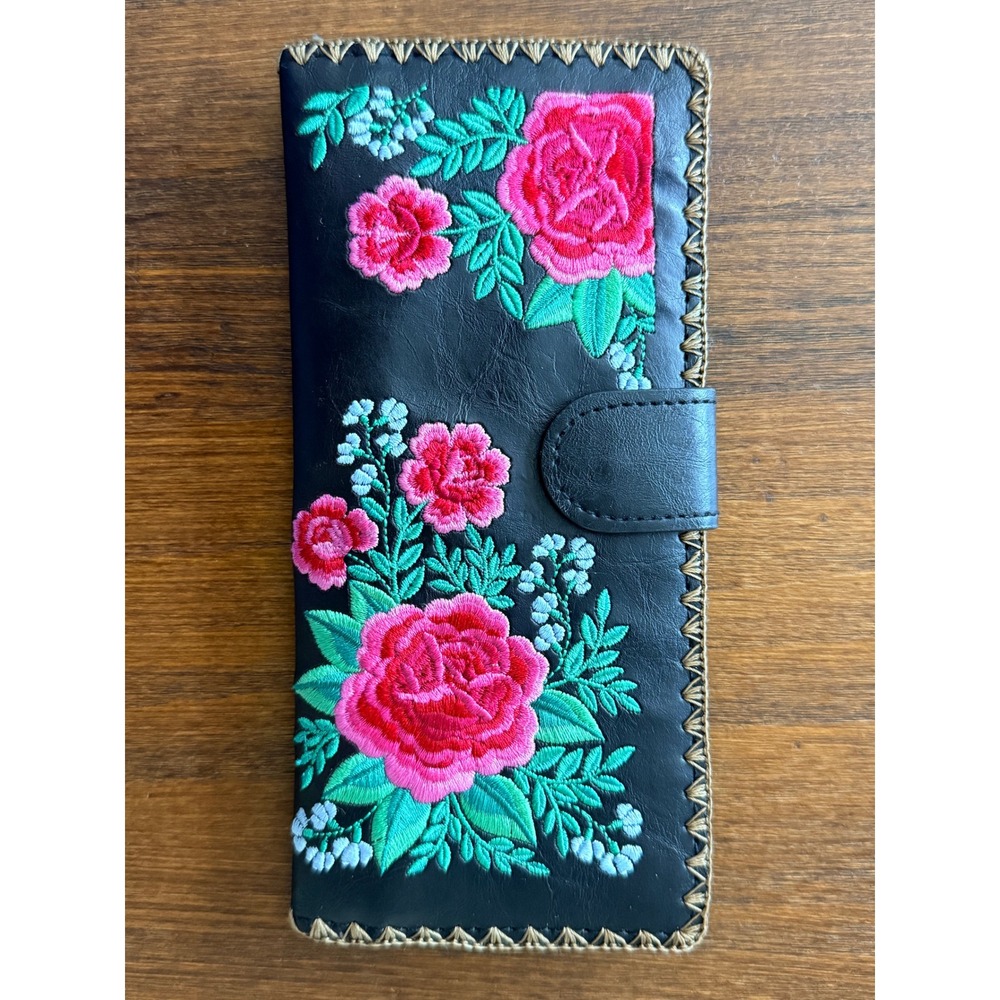 Lavishy Mexican Rose Embroidered Vegan Leather Large Flat Wallet Black Floral
